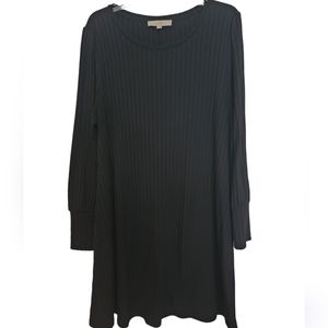 LOFT black tone on tone rib knit long sleeve pullover dress scoop neckline XL